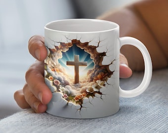 Inspirational Christian Cross Coffee Mug Wrap PNG, Heaven Scene Digital Download, Bible Verse Mug Template, Religious Gift Idea