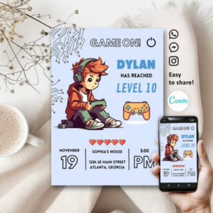Invitation de fête d'anniversaire bleu Gamer Boy Invitation de fête de jeu vidéo modifiable Invitation d'anniversaire de niveau supérieur modèle Gamer Boy toile d'arcade 5 x 7