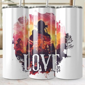 Envoltura digital para vasos de bomberos, diseño de sublimación LOVE Firefighter, PNG de bombero héroe, envoltura recta y cónica para vasos