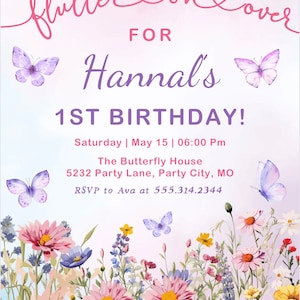 Butterfly Floral Birthday Invite Template 1st Birthday Invite Floral Butterfly Birthday Invitation Pink Purple Butterfly Party 1st Birthday