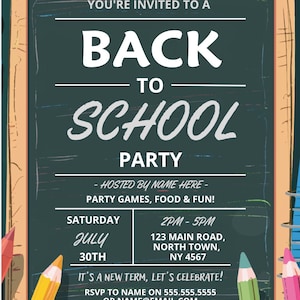 Back to School Party Chalk Invitation Back To School Party Invitation Back To School Bash Invite End Of Summer Party Preschool Kindergarten