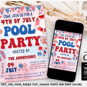 Firecracker Pool Party Invite Template Editable 4Th Of July Pool Party Birthday Invitation July FourthSwimming Party Invite Independence Day