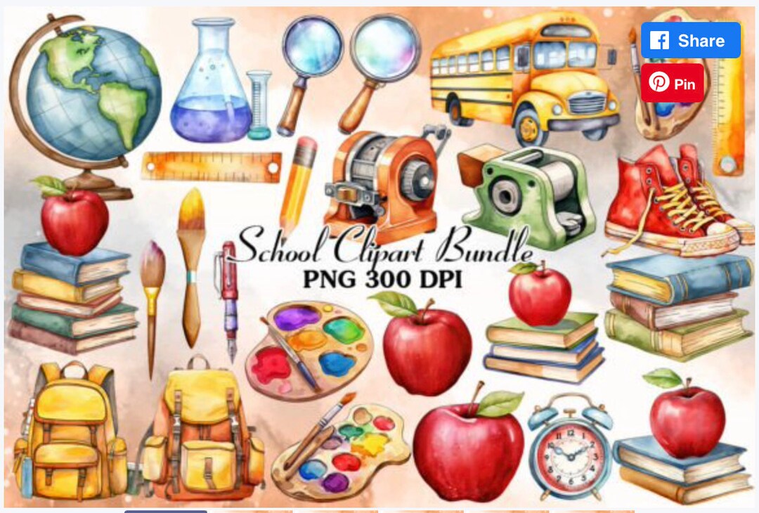 School Supplies Watercolor Clipart School Clipart Set School Supplies ...