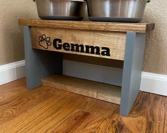 Wooden Dog Bowl Stand with Custom Name Plate for Medium or Large Sized Dogs