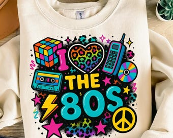 I Love the 80s PNG – Neon Leopard Heart, Cassette Tape, Retro Icons Clipart – Transparent Background for Sublimation and 1980s Party Crafts