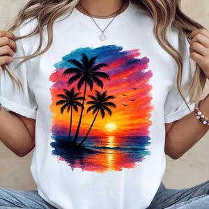 Tropical Sunset PNG, Watercolor Beach Sublimation Design, Palm Tree Ocean Clipart, Summer Coastal Digital Download, Transparent Background