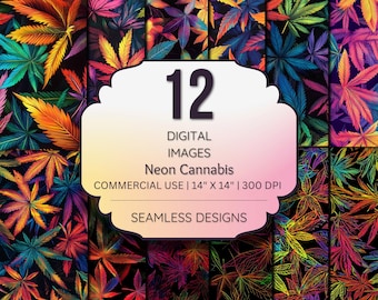 Neon Cannabis Digital Paper, Seamless Psychedelic Marijuana Leaf Patterns, Trippy Botanical Backgrounds, Stoner Aesthetic Digital Textures