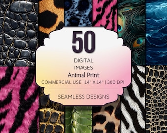 Animal Print Digital Paper Bundle - 50 Wild Fur & Skin Textures - Tiger, Zebra, Leopard, Peacock - Sublimation, Crafts, Backgrounds
