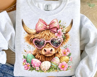 Easter Highland Cow Glitter Sublimation Design, Floral Spring PNG (Digital Download)