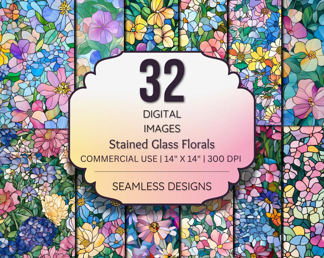 Stained Glass Floral Digital Paper Pack - 32 Seamless Flower Patterns ...