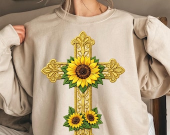 Sunflower Cross PNG, Embroidered Cross Sublimation, Religious Sunflower Clipart, Christian Floral Cross Design, Gold Stitching Cross PNG