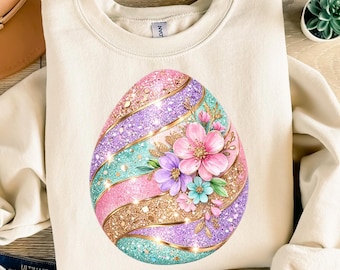 Glitter Floral Easter Egg PNG, Pastel Sparkle Easter Egg Clipart, Spring Flower Egg Sublimation Design, Cute Easter Craft PNG