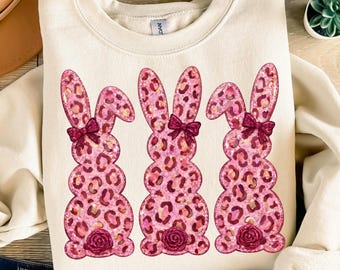 Pink Leopard Easter Bunny PNG Trio, Glitter Leopard Bunny Clipart Set, Cute Easter Rabbit Sublimation Design for Shirts Crafts