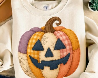 Patchwork Pumpkin PNG: Zucca rustica di Halloween Jack O'Lantern (download digitale)