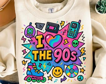 Ik hou van de jaren 90 retro clipart png, helder kleurrijk jaren 90 nostalgie ontwerp met rolschaatsen Tamagotchi VHS CD Alien