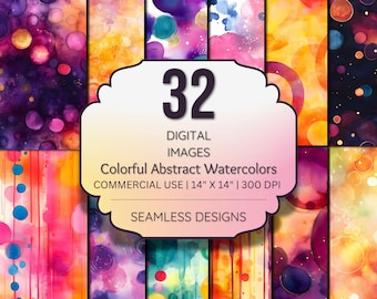 Colorful Abstract Watercolor Digital Paper – Galaxy, Bubbles & Geometric Art Backgrounds for Sublimation and Crafts