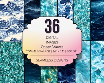 Ocean Waves Digital Paper - Seamless Water Textures, Deep Sea, Pool Surface, Blue Abstract Backgrounds - 300 DPI JPEG