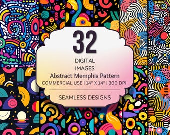 Abstract Memphis Pattern Digital Paper – Seamless Retro 80s Style Backgrounds – Vibrant Hand-Drawn Textures – JPEG – 300 DPI, Commercial Use
