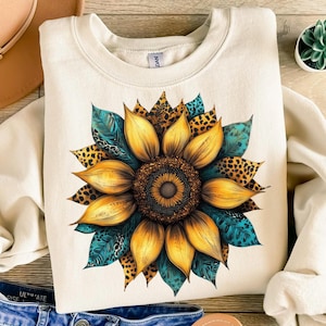 Sunflower Leopard Print PNG: Boho Digital Art (Transparent Background)