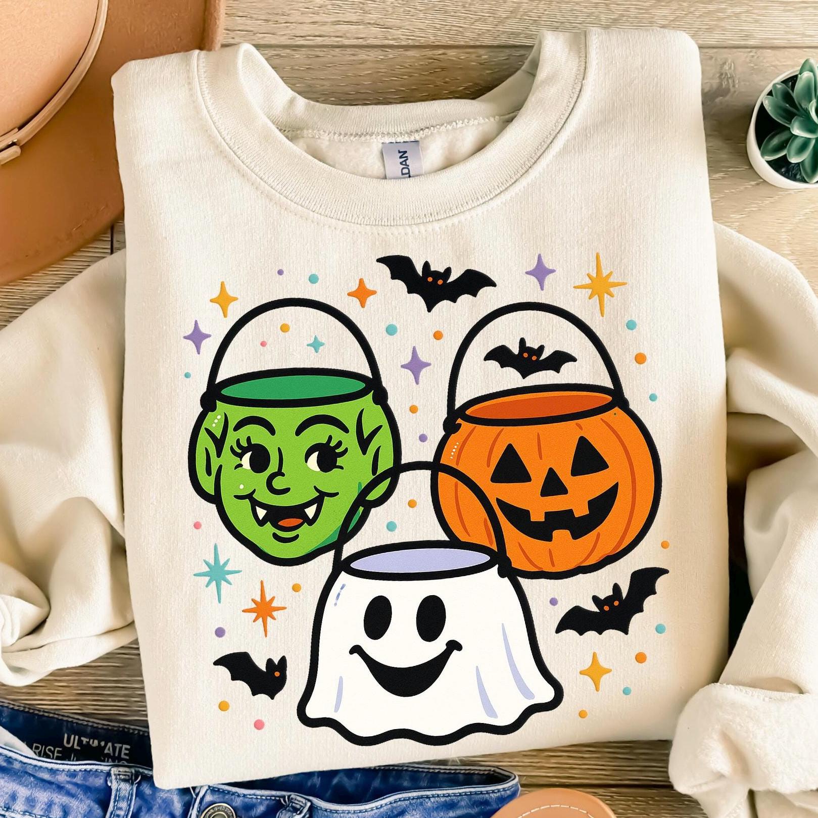 Retro Halloween Candy Buckets PNG | Ghost, Pumpkin, and Vampire Trick-or-Treat Pail Sublimation Design | Cute Spooky Graphic for Crafting