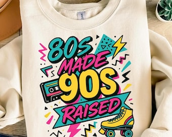 80s Made 90s Raised PNG – Neon Retro Sublimation Design – 80s Baby 90s Kid Clipart with Cassette Tape and Roller Skate, Instant Download