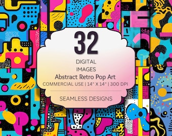Retro Pop Art Abstract Digital Paper – 80s Style Bright Color Patterns for Sublimation, Stickers, Crafts