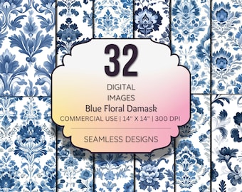 Blue Floral Damask Digital Paper – Seamless Vintage Botanical Patterns – Elegant Chinoiserie Style – 12"x12" JPEG – 300 DPI – Commercial Use