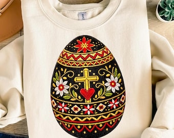 Folk Art Easter Egg PNG, Embroidered Cross Sublimation, Religious Easter Clipart, Floral Egg Design, Christian Easter PNG, Digital Download