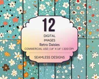 70s Floral Digital Paper, Retro Daisy Seamless Patterns (Digital Download, Commercial Use)