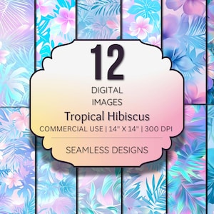 Könnte beinhalten: Eine Sammlung von 12 digitalen Bildern mit nahtlosen tropischen Hibiskus-Designs. Die Bilder zeigen Blumen- und Blattmuster in Blau-, Rosa- und Lilatönen. Jedes Bild misst 35,56 cm x 35,56 cm und ist für den kommerziellen Gebrauch bestimmt.