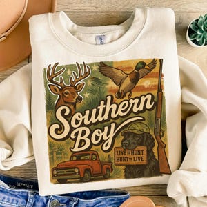 Southern Boy PNG – Vintage Hunting Sublimation Design with Deer, Duck, Dog, Rifle, and Truck for Country Shirts, Stickers, & Outdoor Crafts