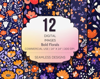 Bold Floral Digital Paper, Purple and Orange Flowers, Dark Background Seamless Patterns, Modern Floral Scrapbook Paper, Instant Download