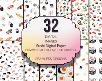 Sushi Digital Paper Pack – Hand-Drawn Seamless Japanese Food Patterns – Kawaii Sushi Rolls & Nigiri – JPEG – 300 DPI – Commercial Use