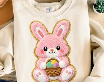 Easter Bunny Patch PNG, Pink Chenille Bunny Sublimation, Easter Basket Clipart, Glitter Gold Border, Faux Embroidery Design, Spring Digital