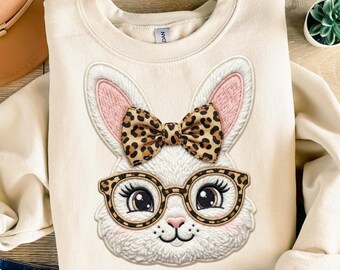 Cute Bunny PNG with Leopard Glasses Bow, Easter Bunny Clipart, Kawaii Rabbit Face PNG, Embroidery Style Bunny Sublimation Design