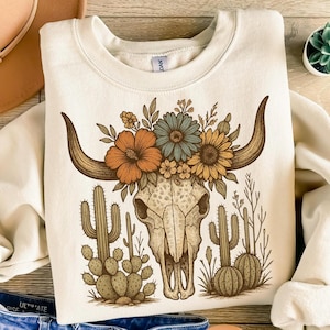 Western Cow Skull PNG avec fleurs et cactus | Design bohème par sublimation de crâne du sud-ouest | Fond transparent pour l'artisanat