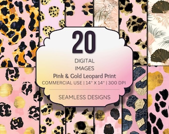 Pink Gold Leopard Print Digital Paper – Seamless Glitter Animal Backgrounds (20 JPGs)