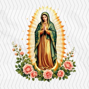 Nostra Signora di Guadalupe PNG / Vergine Maria con raggi dorati e rose Download digitale / Clipart religiosa con sfondo trasparente per l'artigianato