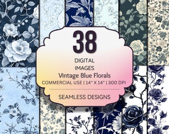 Vintage Blue Floral Digital Paper – Navy Rose Backgrounds, Engraved Pattern Pack, Scrapbooking & Sublimation Design Set