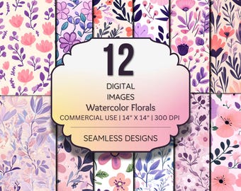 Watercolor Floral Digital Paper, Pastel Flower Pattern (Commercial Use, 4K, 300DPI)