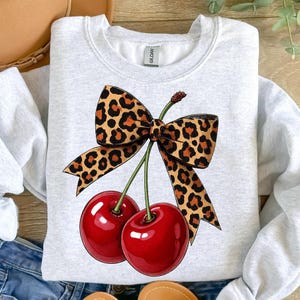 Cherry Leopard Bow PNG, Rockabilly Fruit Clipart, Retro Pinup Aesthetic Digital Download, Red Cherries with Animal Print Bow