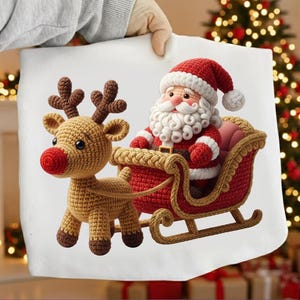 Puede incluir: Un diseño navideño tejido a crochet con Papá Noel en un trineo rojo tirado por un reno. Papá Noel lleva un traje y un gorro rojos con barba blanca. El reno es marrón con nariz roja y cornamenta marrón.