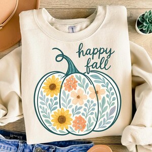 Floral Pumpkin PNG with Happy Fall Text – Watercolor Autumn Clipart, Fall Sublimation Design, Transparent Background, Sunflower Pumpkin Art