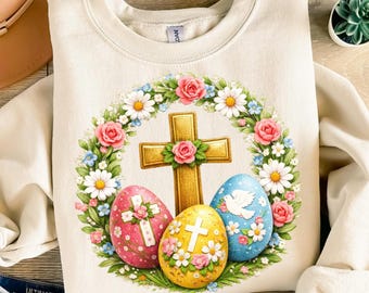 Easter Cross Floral Eggs PNG – Religious Sublimation Design (Digital Download)