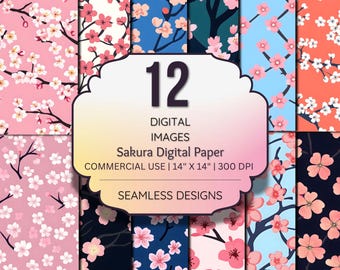 Sakura Digital Paper, Japanese Cherry Blossom, Seamless Floral Patterns (Digital Download, Commercial Use)