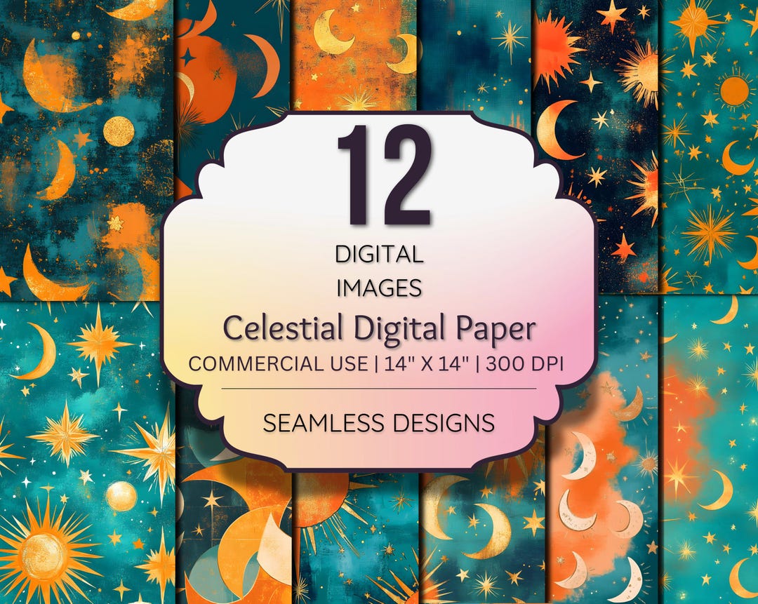 Celestial Digital Paper, Seamless Sun and Moon Patterns, Boho Starry ...