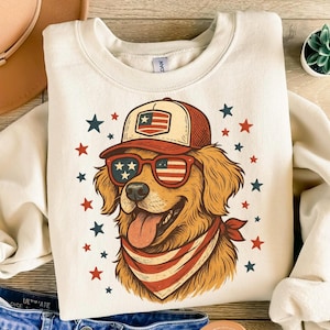 Perro patriótico PNG: Diseño de sublimación de golden retriever vintage con bandera estadounidense, gafas, gorro y pañuelo para camisetas y manualidades del 4 de julio.
