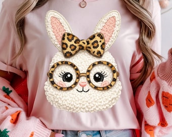 Leopard Bow Bunny PNG, Cute Easter Bunny with Glasses Clipart, Embroidery Style Rabbit Face PNG, Kawaii Easter Sublimation Design