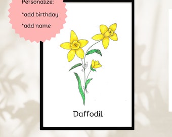 Family birth flower, birth flower print, custom birth month flower, family garden print, gift for friend, tattoo design, Daffodil flower.