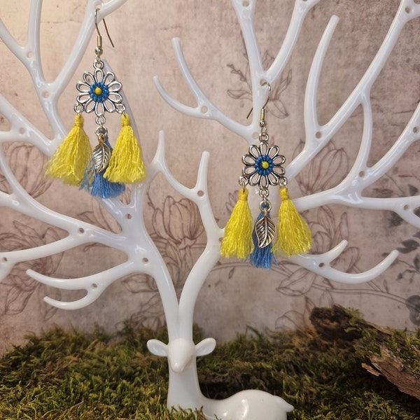 Boucles d'oreilles Pompons en fil coton jaune et bleu avec crochet d'oreille en acier inoxydable